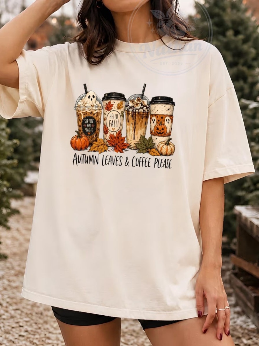 Hello Fall Coffee Graphic Tee - Off White Autumn Leaves Design